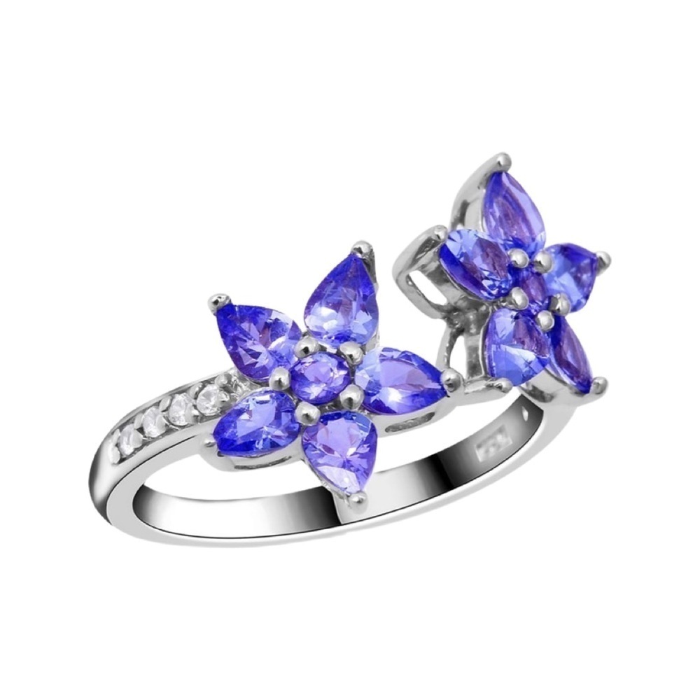 Tanzanite & White Zircon Floral Bypass Ring 1.80 ctw Sterling Silver Size 8